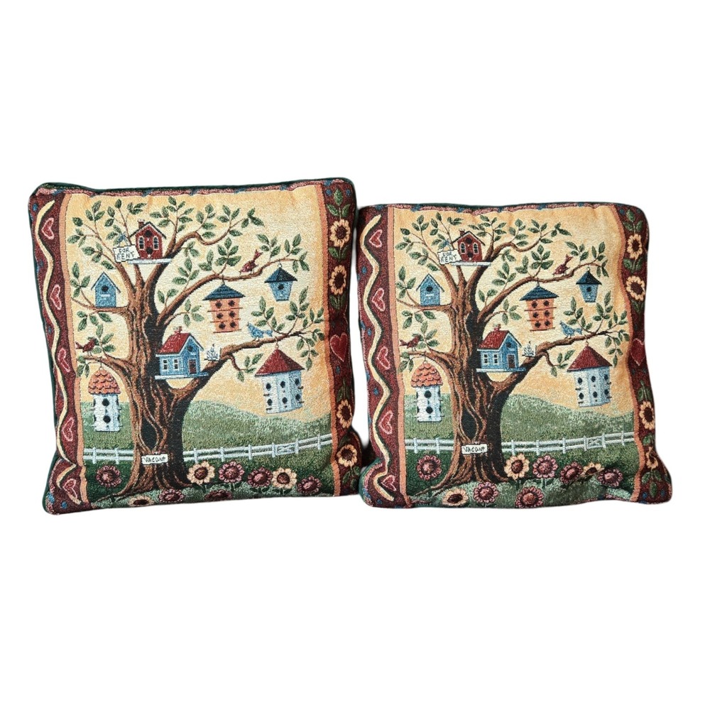 Vintage Style Woven Tapestry Birdhouse Tree Throw Pillows Set of 2 Country Decor